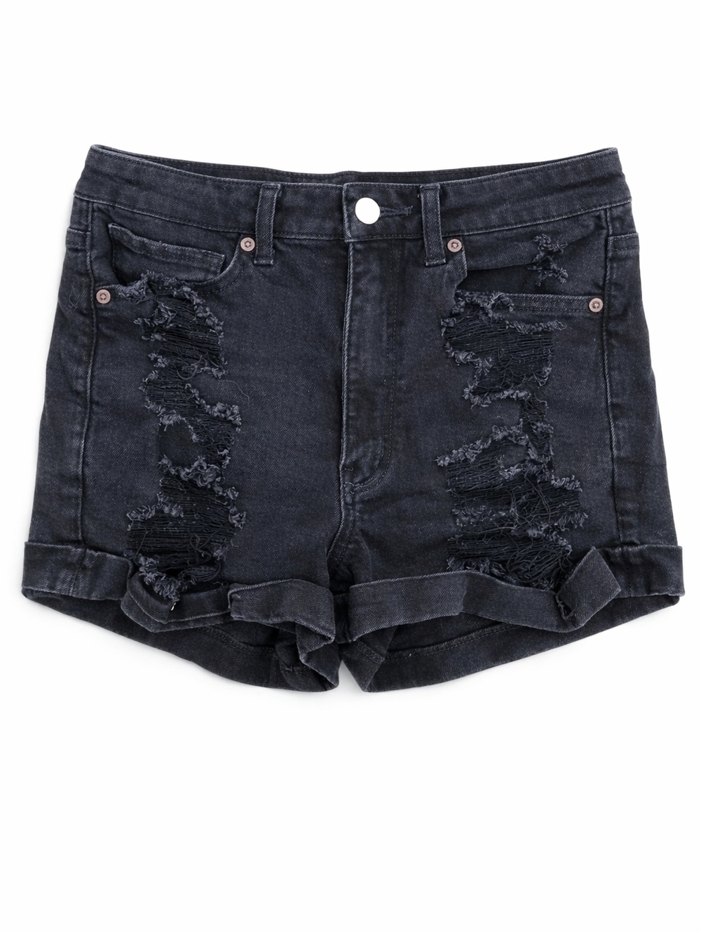 American Eagle Black Distressed Denim Shorts Size 6 High Rise Frayed Cuffed